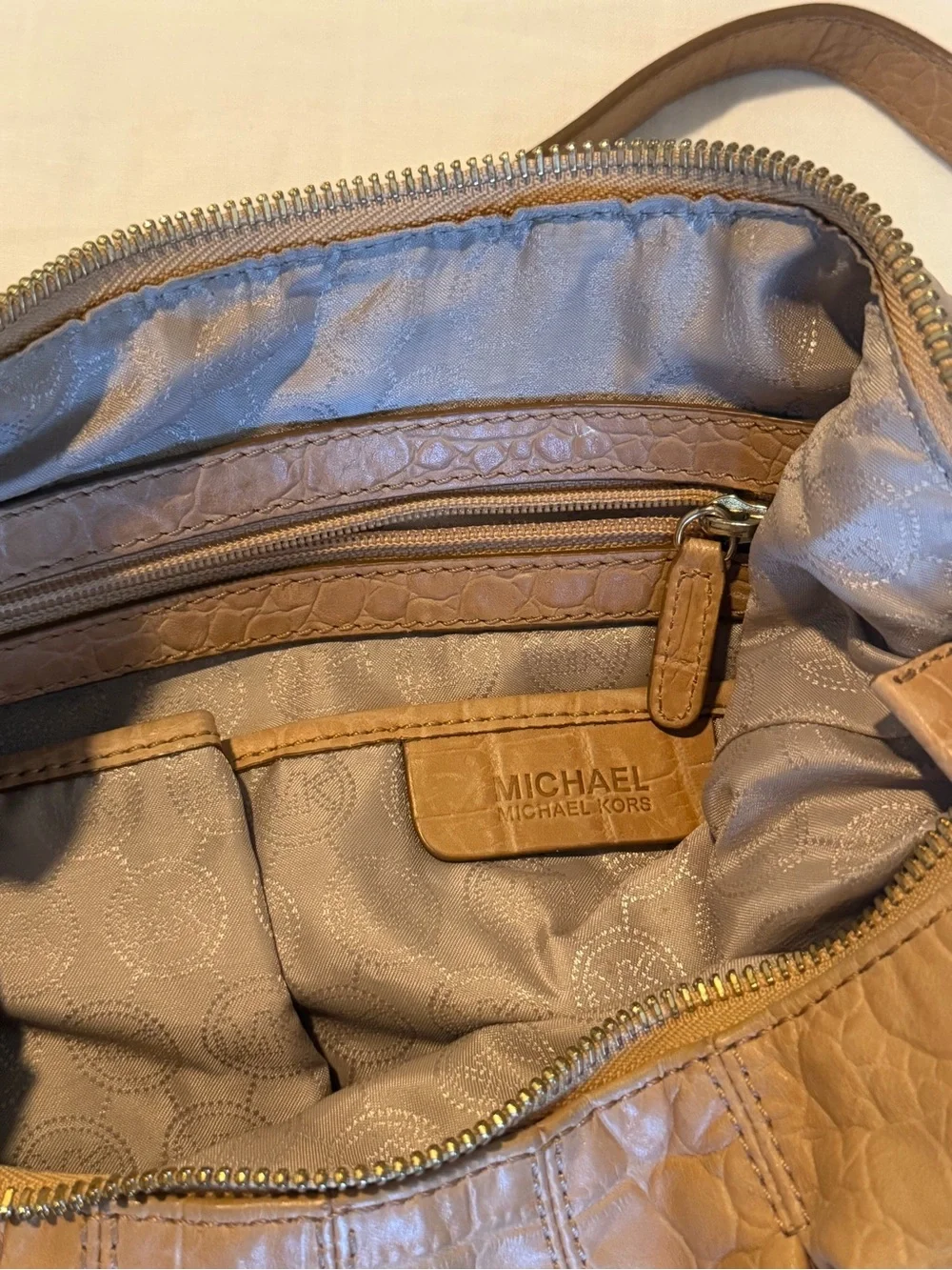 Michael Kors Tan Croc-Embossed Hobo with Gold-Tone Chain